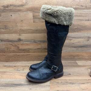 Frye Valerie OTK Shearling Womens Size 8.5B Black Leather Over Knee Boots Buckle